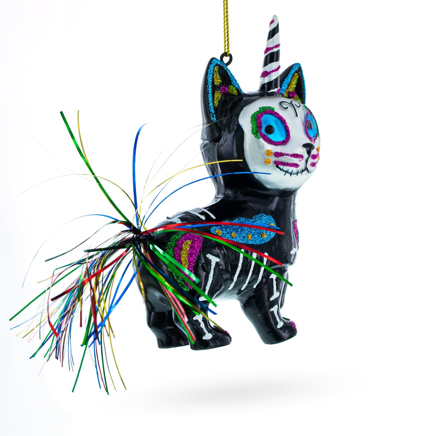 Spooky Halloween Cat Skeleton Glass Christmas Ornament