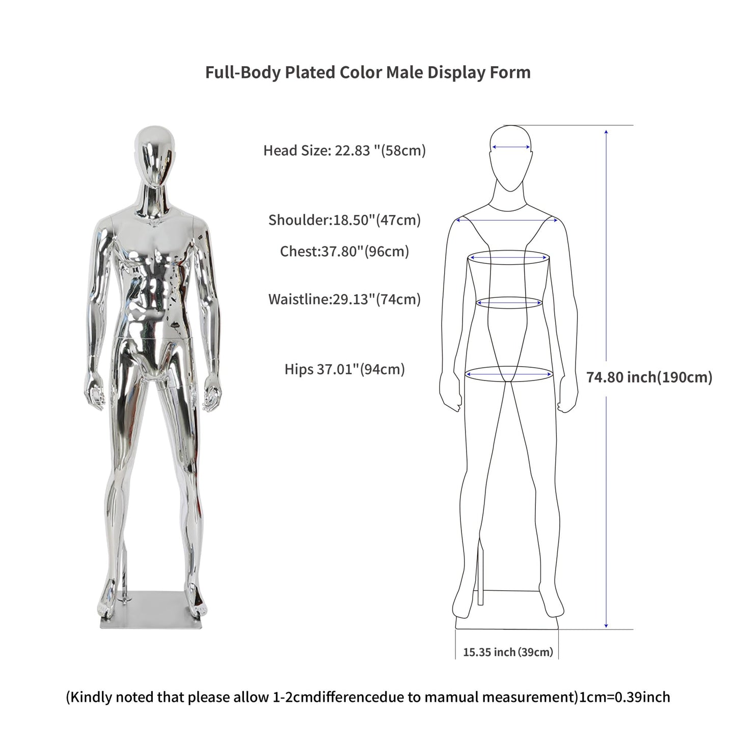 Full Body Male Mannequin with Chrome Metallic Finish, Fiberglass Abstract Dress Form with Posable Head, Futuristic Retail Display Dummy with Metal Base for Men's Fashion Window(Chrome Gold)