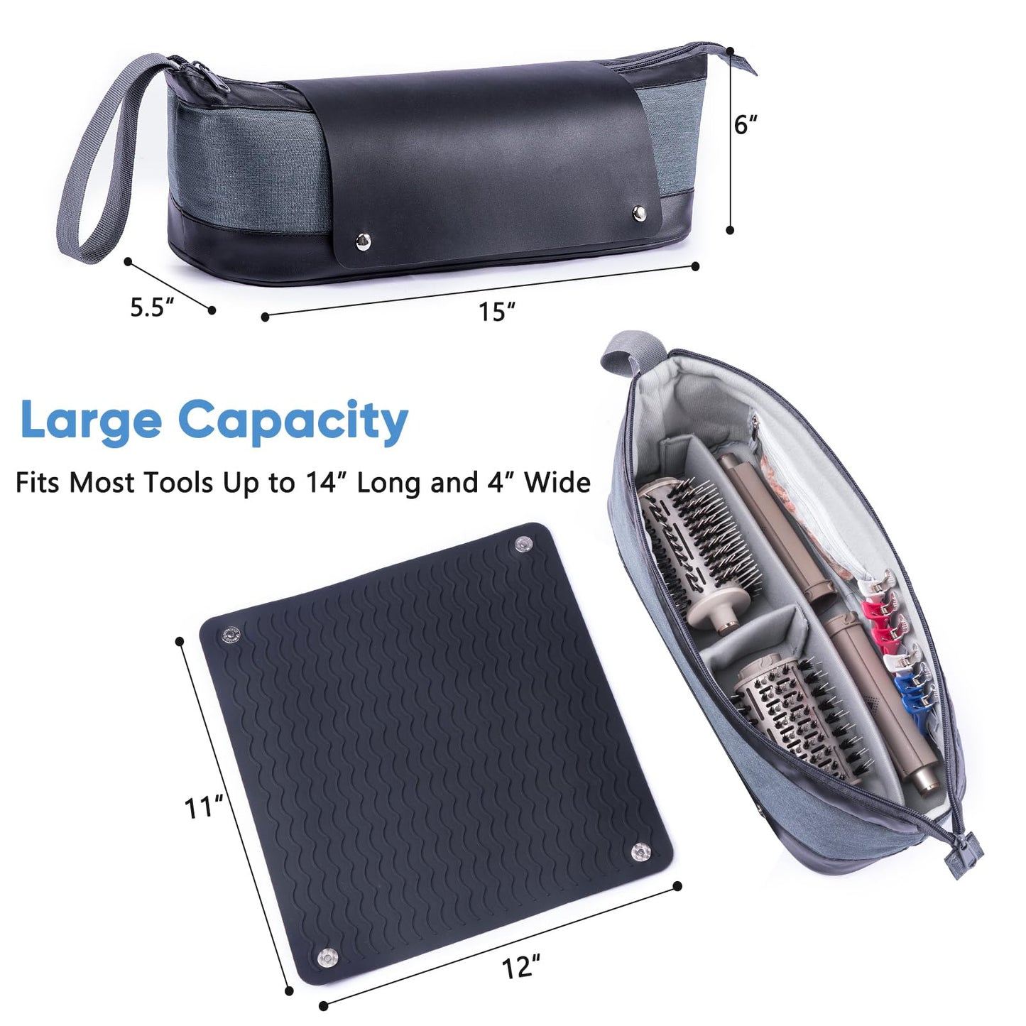 Large Hair Tools Travel Bag with Iron Mat - 2in1 Hair Tools Organizer for Hair Dryer Brush, Flat Irons, Straighteners, Curling Irons, Hair Bag, Makeup Bag, Cosmetic Bag for Travel Essentials