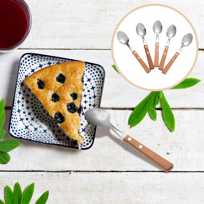 Hemoton 5pcs Stainless Steel Dessert Spoons, Wood Handle Tea Spoons, Ice Cream Cake Tasting Spoon, Dinner Spoon for