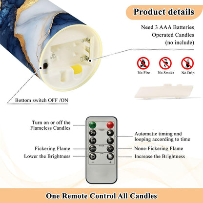 famyily Pillar Flameless Candles Set of 2 Battery Operated Candles for Living Room 5.9x3in - Marble White Navy Blue
