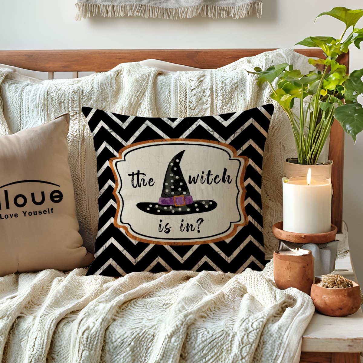 ULOVE LOVE YOURSELF 2Pack Black Halloween Pillow Covers Witch Hat/Broom Happy Halloween Decorative Pillow Cushion Cover Cute Fall Decor Pillowcase for Sofa/Couch/Porch