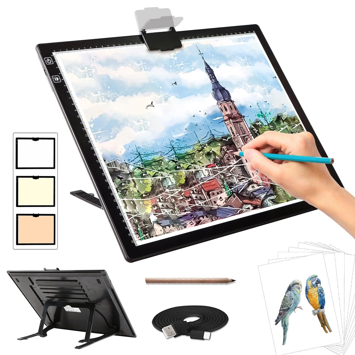 Rechargeable A3 Light Pad for Diamond Painting,Tracing Light Box with Stand and Clip,3 Colors Stepless Dimmable and 6 Levels of Brightness Light Board for Artists,Drawing,Sketching,Animation