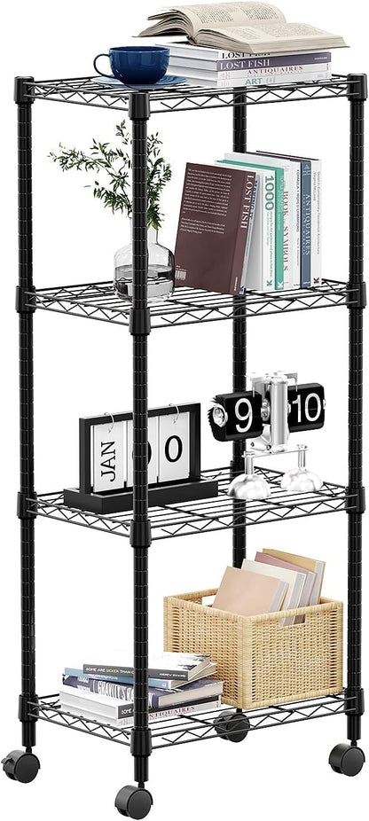 4-Shelf 11.8" 17.7" 40.8" M MZG Adjustable Heavy Duty Steel Wire Rack, Adjustable Storage Shelving Unit with Wheel
