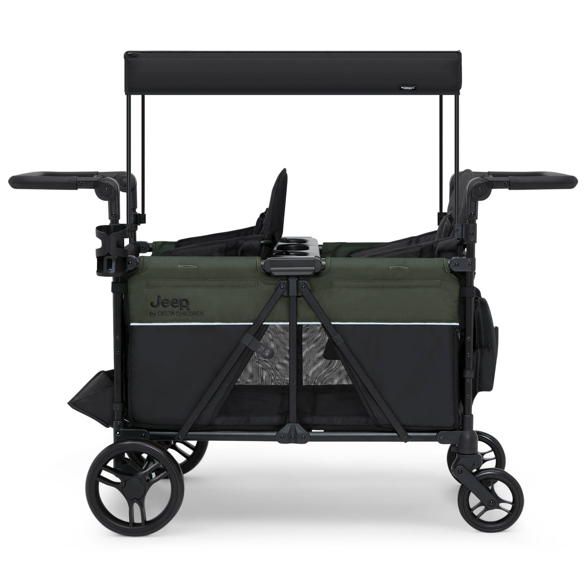 Jeep Aries Stroller Wagon by Delta Children Premium Wagon for 2 Kids with Convertible Seats, Adjustable Push/Pull Handles, Removable Canopy & Flat Fold - Greenguard Gold Certified, Black/Green