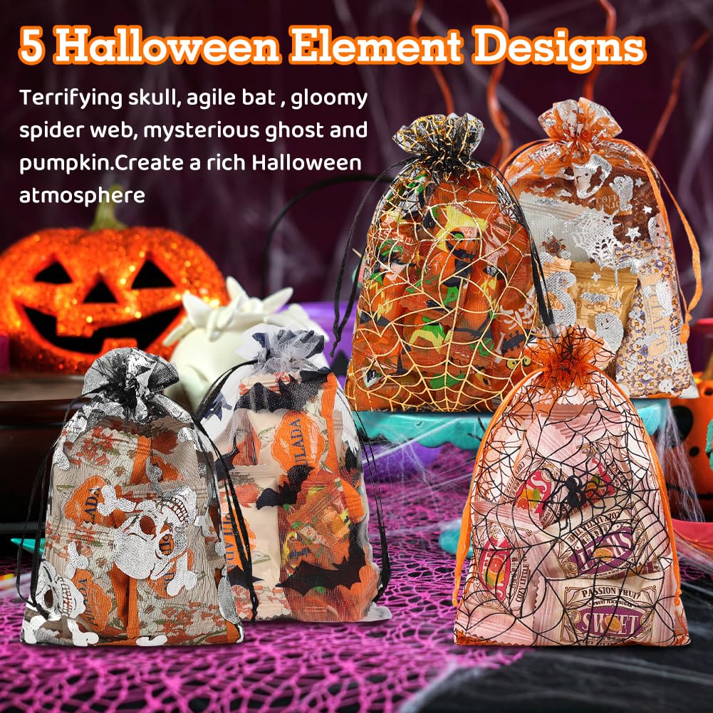 Shintop 100pcs Halloween Organza Treat Bags, 4x6inch Small Goodie Candy Bags Drawstring Mesh Gift Pouches for Candies Trick or Treat