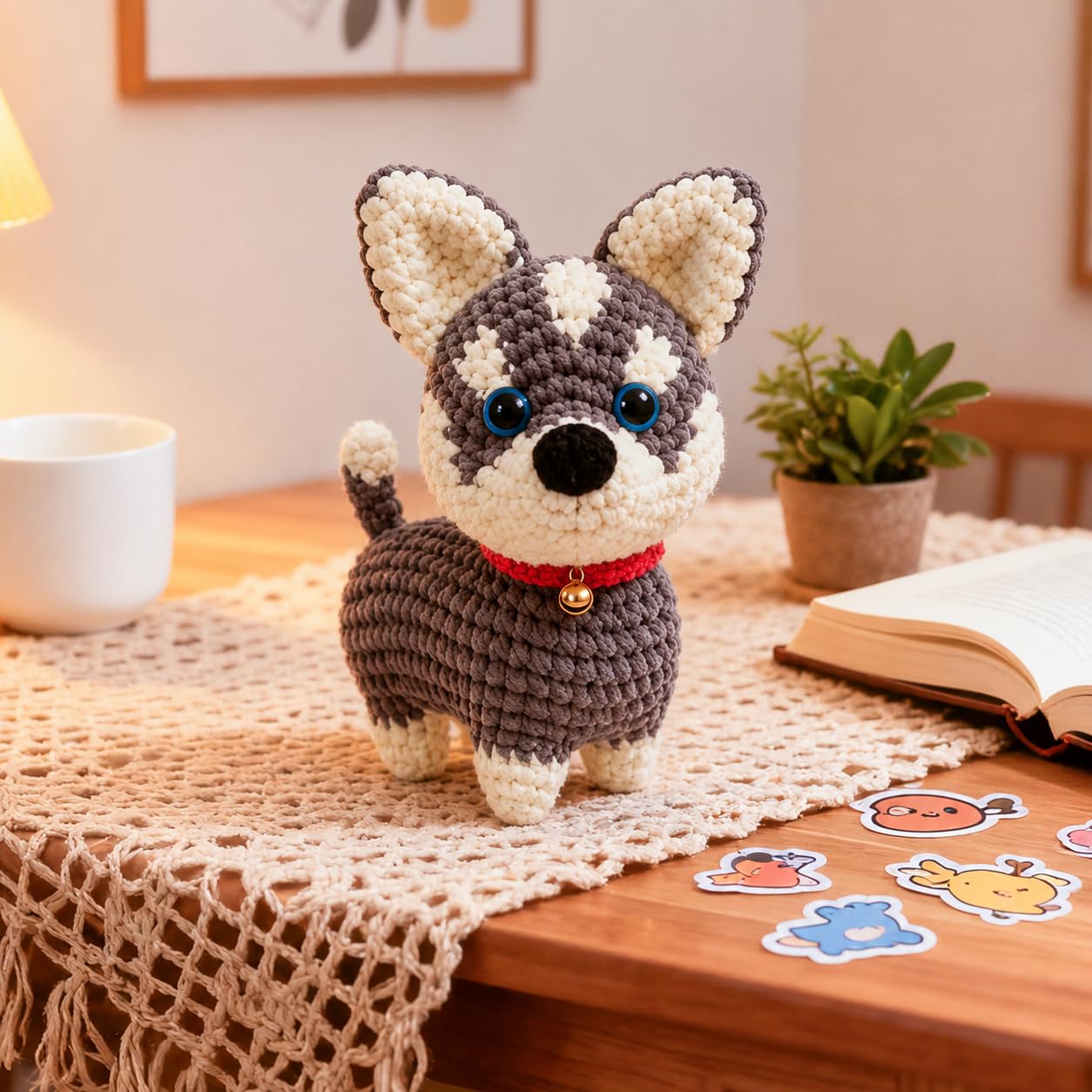 ABOUT RIGHT Crochet Kit Dog for Beginners, 7x6 Inches Husky Amigurumi Kit with Step-by-Step Video Tutorials, All-in-one DIY Animal Crochet Project for All Ages