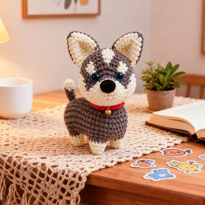 ABOUT RIGHT Crochet Kit Dog for Beginners, 7x6 Inches Husky Amigurumi Kit with Step-by-Step Video Tutorials, All-in-one DIY Animal Crochet Project for All Ages