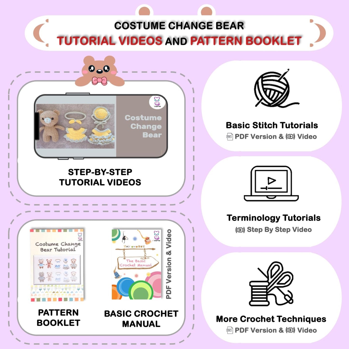 LoopMap Amigurumi Crochet Kit for Beginners with Removable Dress & Video Tutorials, DIY Bear Making Kit Includes Premium Yarn & Tools, Creative Gift for Adults Teens (Purple)