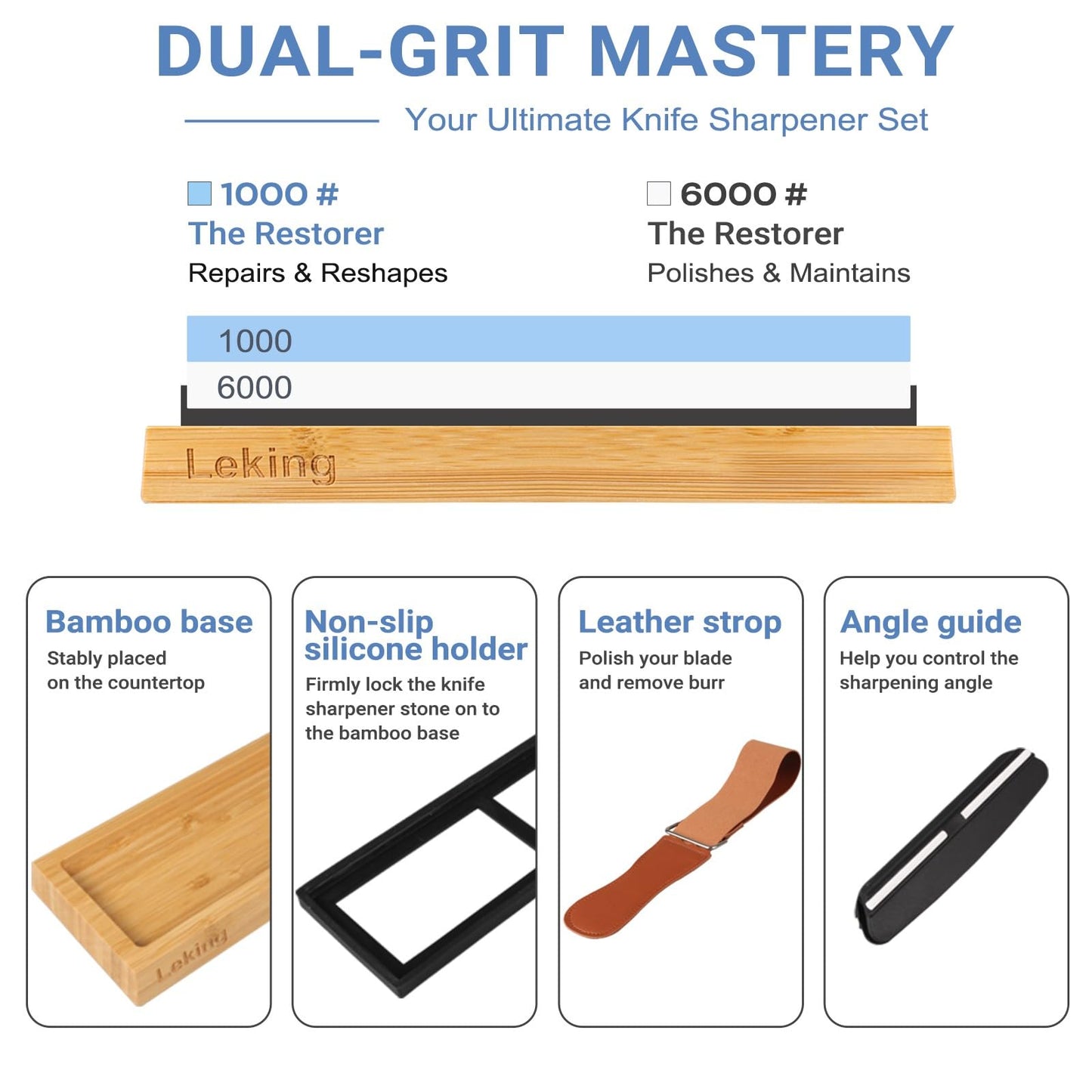Leking Professional Knife Sharpener & Sharpening Stone Set: 1000/6000 Grit Dual-Sided Whetstone(7"x2.4"x1.2") with Bamboo Base, Non-Slip Silicone Holder, Angle Guide & Leather Strop Kit