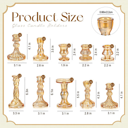 Mumufy 10 Pcs Glass Crystal Taper Candle Holders Clear Glass Candlestick Holder Fit 0.8 Inch Candles Crystal Decorative Candle Stand Centerpiece Table Wedding Dining Party (Classic,Gold)