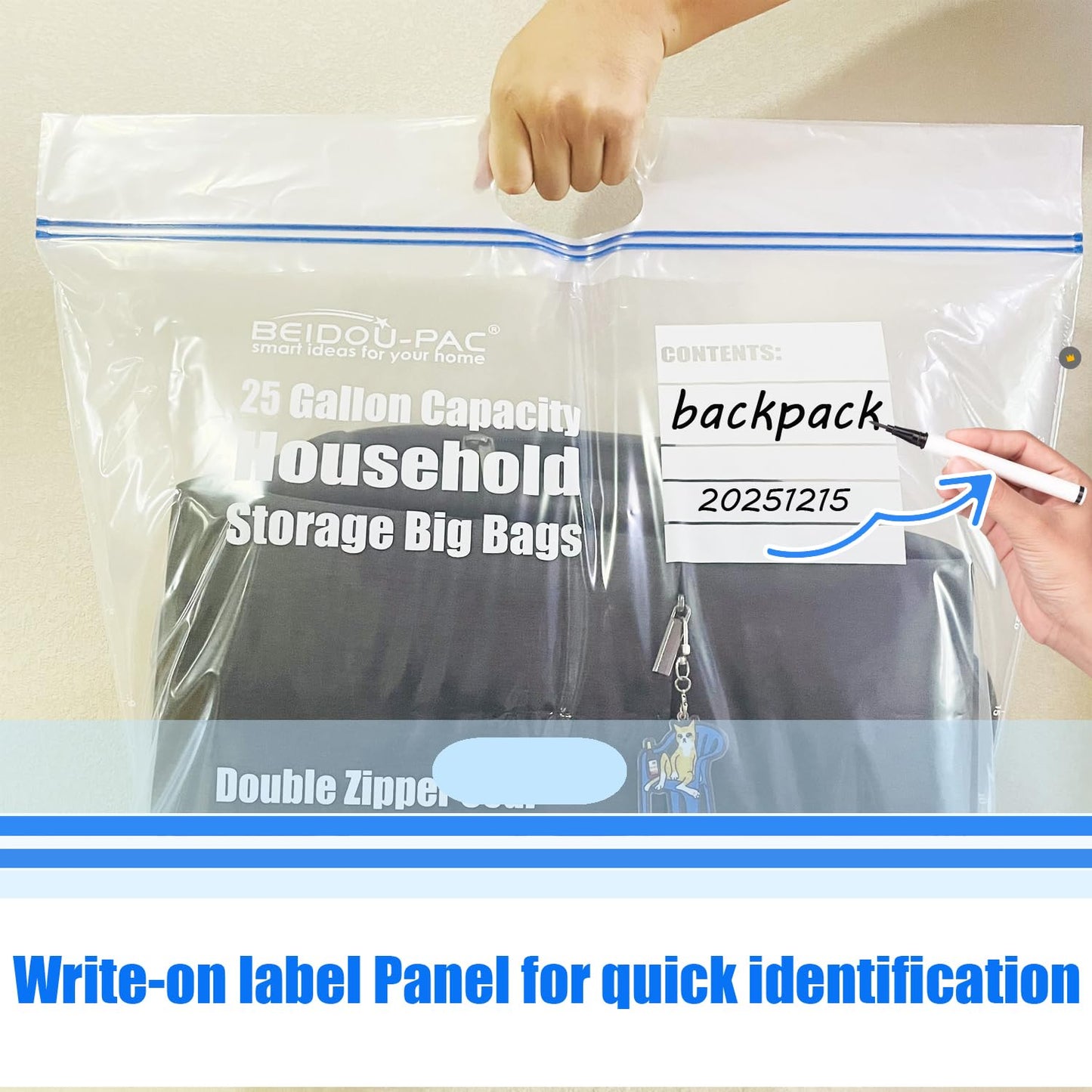BEIDOU-PAC 25 Gallon Jumbo Storage Bags with Handle, 15 Count | Double Zipper Seal | Expandable Bottom, Resealable Clear zip Bags for Home, Travel, Moving, Commercial and Outdoor