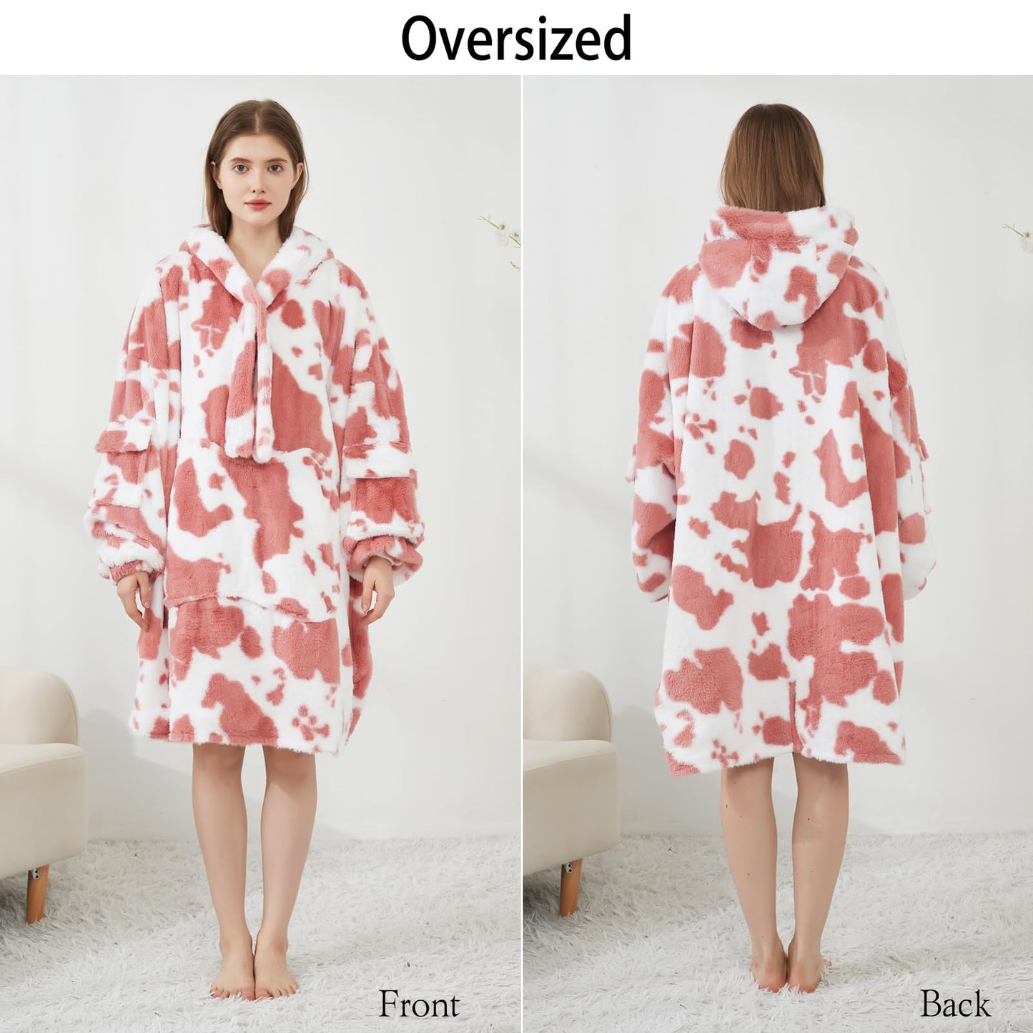 Softan Blanket Hoodie, Oversized Fleece Wearable Blankets for Women and Men Gifts, Cozy Warm and Soft Sweatshirt Blanket with Large Pocket, Pink Cow Print