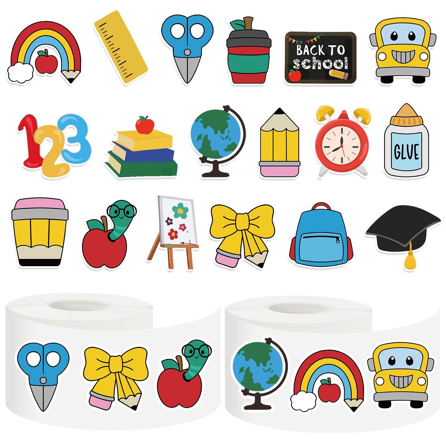 FYSUIMU 1000 Pcs Back to School Stickers Roll 18 Designs School Bus Apples Pencil Seal Stickers Self-Adhesive Label Decals for Craft Scrapbook Bottle Envelope Card Party Favor Decor