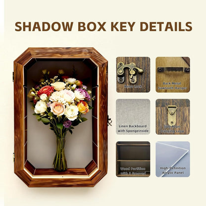 AMZWKT Shadow Box Frame, 10x16 Carbonized Brown Display Case with Linen Back & Detachable Shelves for Wedding Bouquet, Photos, Medals, Collectibles, Souvenirs & Home Wall Decor