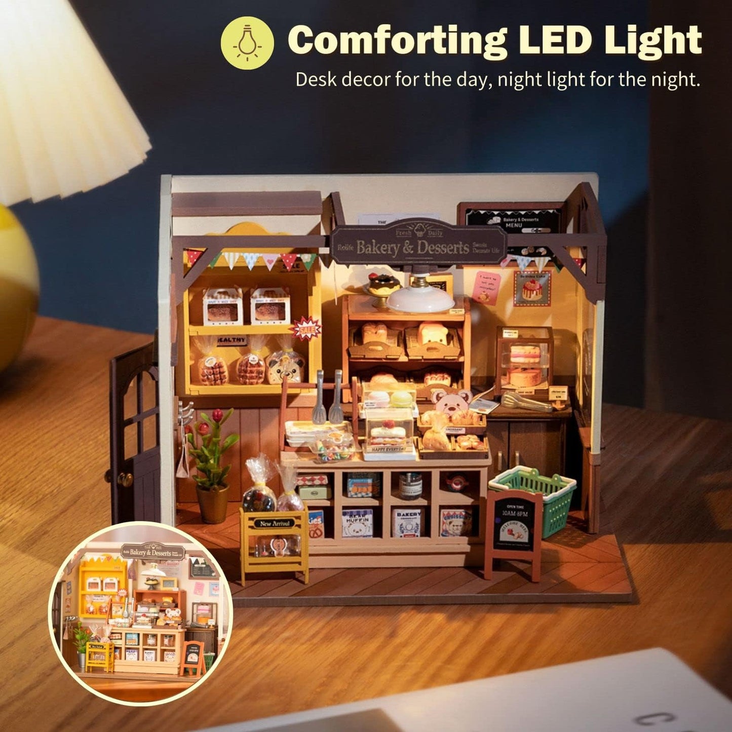 Rolife DIY Miniature Doll House Kit, Build Becka's Bakery Diorama House Building Set with LED Room Hobby Craft for Aduls Uniue Gifts for Adults