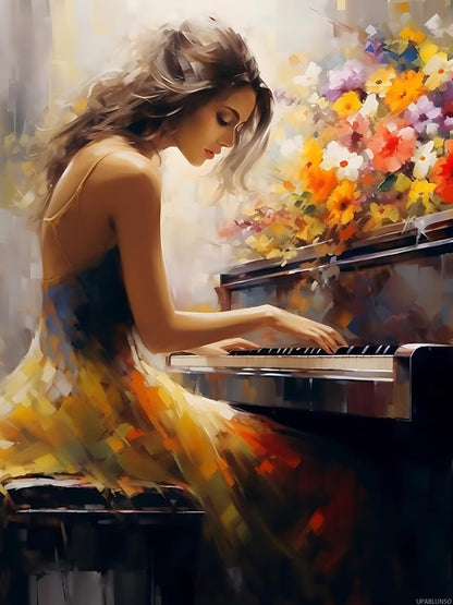 Woman Playing Piano with Flowers Diamond Painting, Aesthetic Piano Diamond Painting Kits, 5D DIY Diamond Painting Kits for Adults Diamond Art, for Room Home Wall Decor Gift 12x16 inch