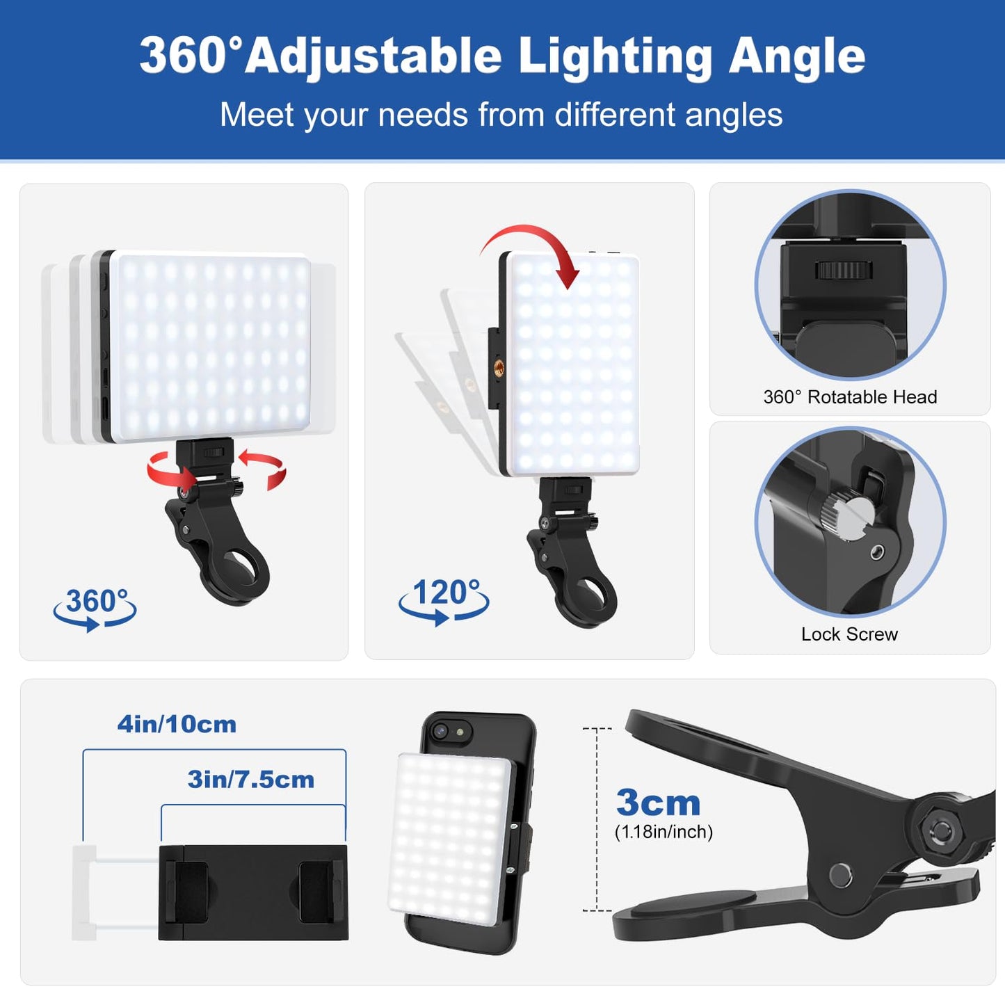 Selfie Light, Phone Light with Front & Back Clip, 60 LED Portable Light with 3 Modes, 5000mAh Rechargeable Video Light for Phone, iPhone, IPad, Laptop, TikTok, Makeup, Live Stream, Vlog