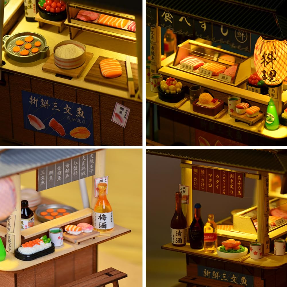DIY Japanese Sushi Restaurant Food Truck Architectural Model Miniature Dollhouse Kit 3D Wooden Puzzle Mini Dollhouse with LED Lights and Dust Cover for Friends and Family