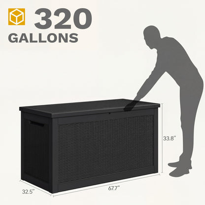 DWVO 320 Gallon Resin Outdoor Storage Box, XXL Large Waterproof Deck Box, Doubles as Table or Seating with 1000 lbs Capacity, Lockable (Black)