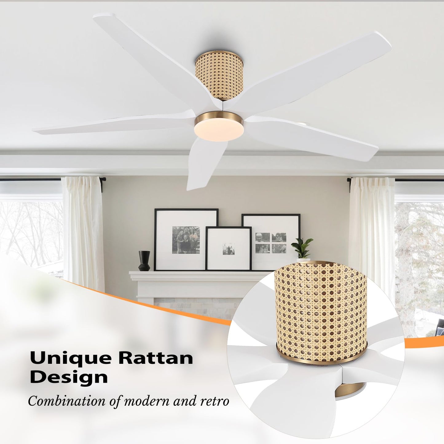 LEDLUX 54" Ceiling Fan with Light - Low Profile Flush Mount Ceiling Fan, 6-Speed Remote Control, Solid Wood, Quiet Reversible DC Motor, White/Gold Finish, for Bedroom, Living Room, Porch