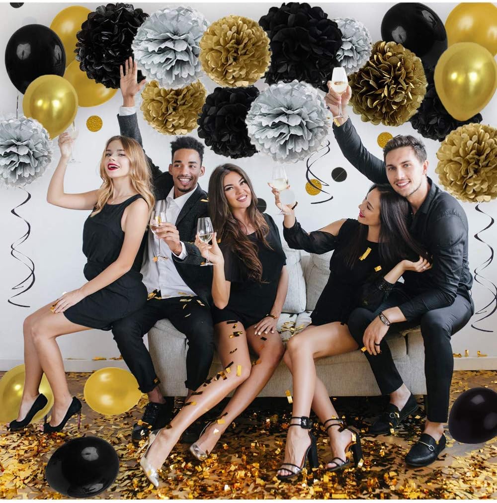 Black and Gold Party Decorations - DIY Tissue Paper Pom Poms, Balloons, and Garland