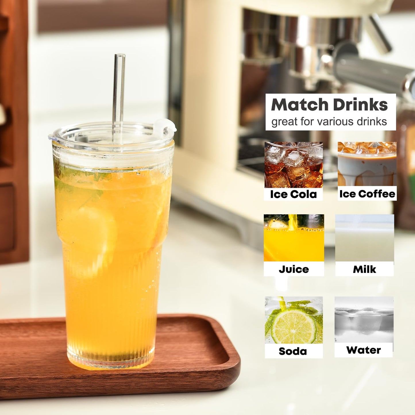 ALINK 20oz Glass Tumblers with Lids and Straws, Set of 2 - Stylish Ribbed Design Drinking Glasses for Iced Coffee Cups, Juice, Smoothies, Cold Beverages, Includes Cleaning Brush, Durable Glassware