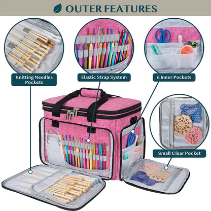 PAVILIA Knitting Bag Yarn Storage Tote - Large Crochet Organizer, Holder for Knitter Projects, Accessories Set, Gifts for Crochet Lovers - Heather Pink