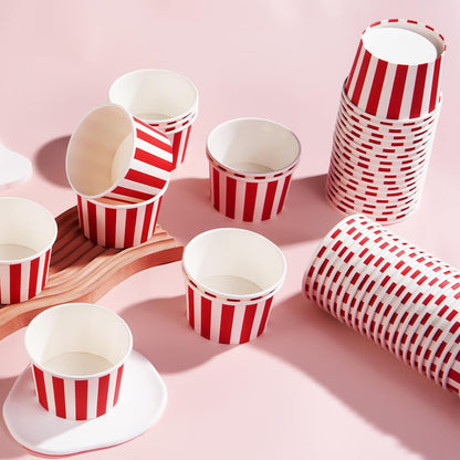 120Pcs 12 oz Summer Grencian Red Ice Cream Cups Disposable Red and White Stripes Paper Dessert Snack Bowls BBQ Yogurt