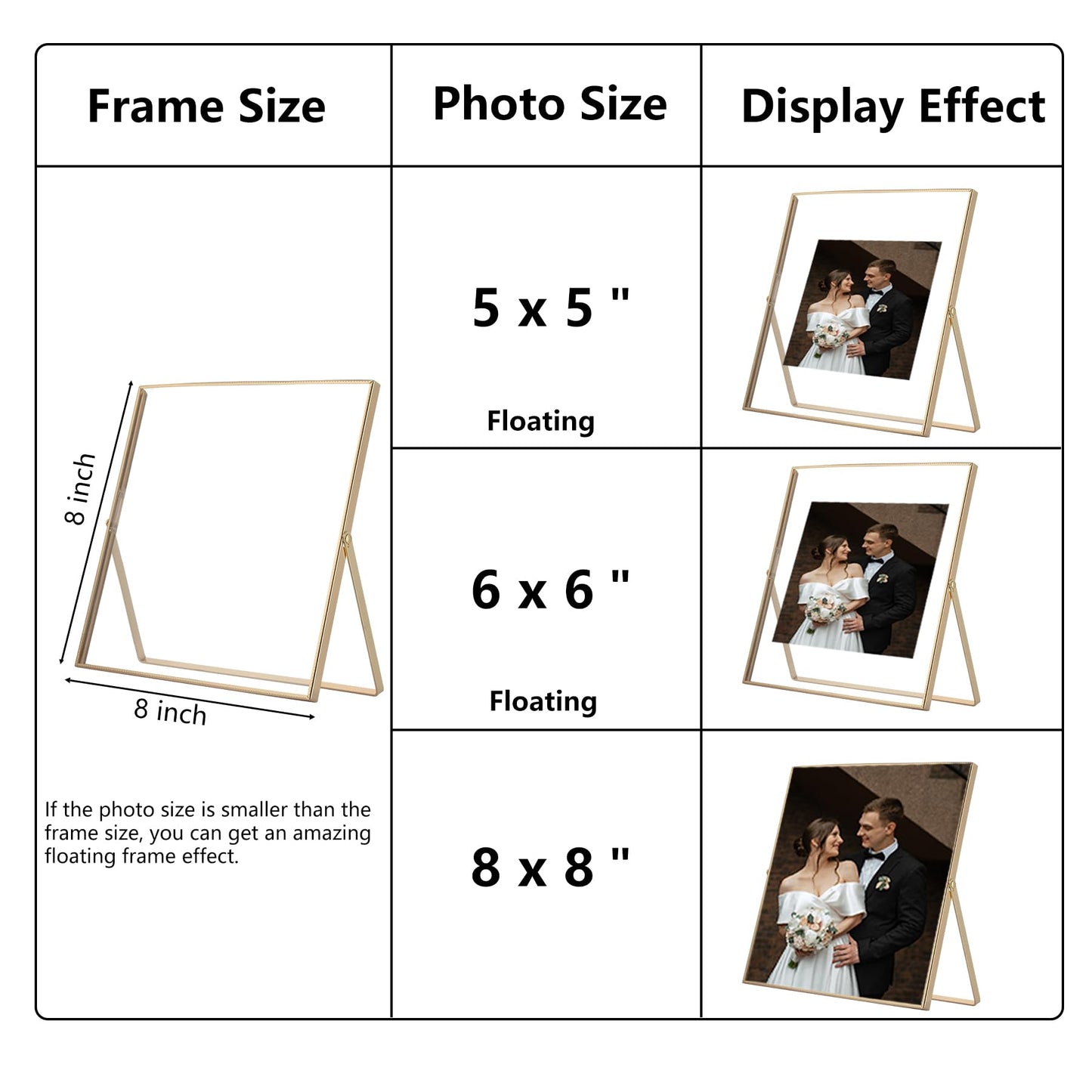 Classura Gold 5x5'' Square Floating Frame Set of 2,For Photo Sizes (3x3''& 4x4''),Beautiful Metal Beaded Edge Frames Adjustable Tabletop/Shelf Photo Frame,Classy Gift Choice for Wedding,Chrismas