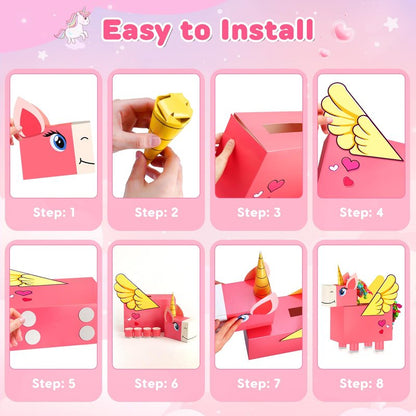 Bstoyder Unicorn Valentines Day Box and Cards for Kids School, Valentines Day Cards Gifts for Kids Classroom Exchange, School Party Favors (1 Unique Pink Box, 32 Valentine Cards, 1 Teacher Card)