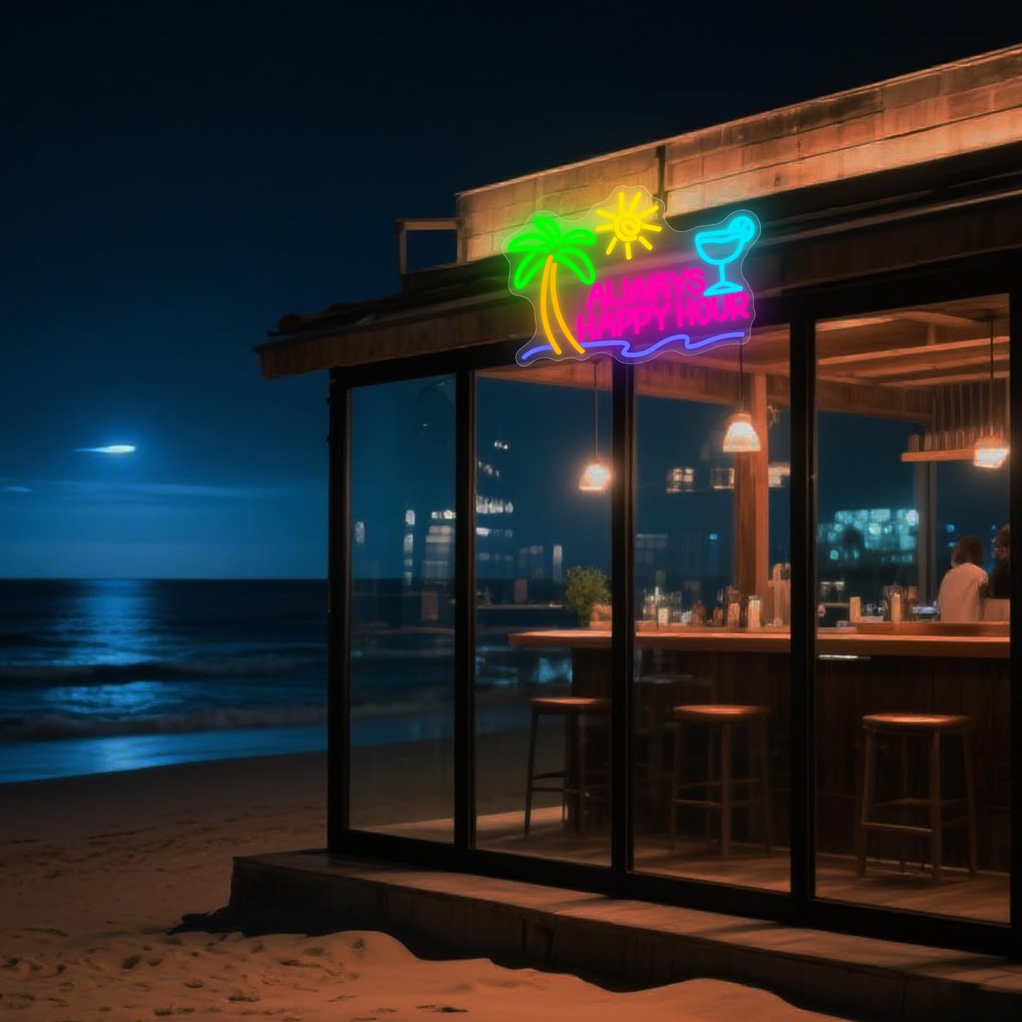 NINSNINT Always Happy Hour Neon Sign, Dimmables Beach Neon Signs for Wall Decor, Palm Tree Led Light Up Signs for Bedroom Bar Club Pub Man Cave Restaurant Party Decorations