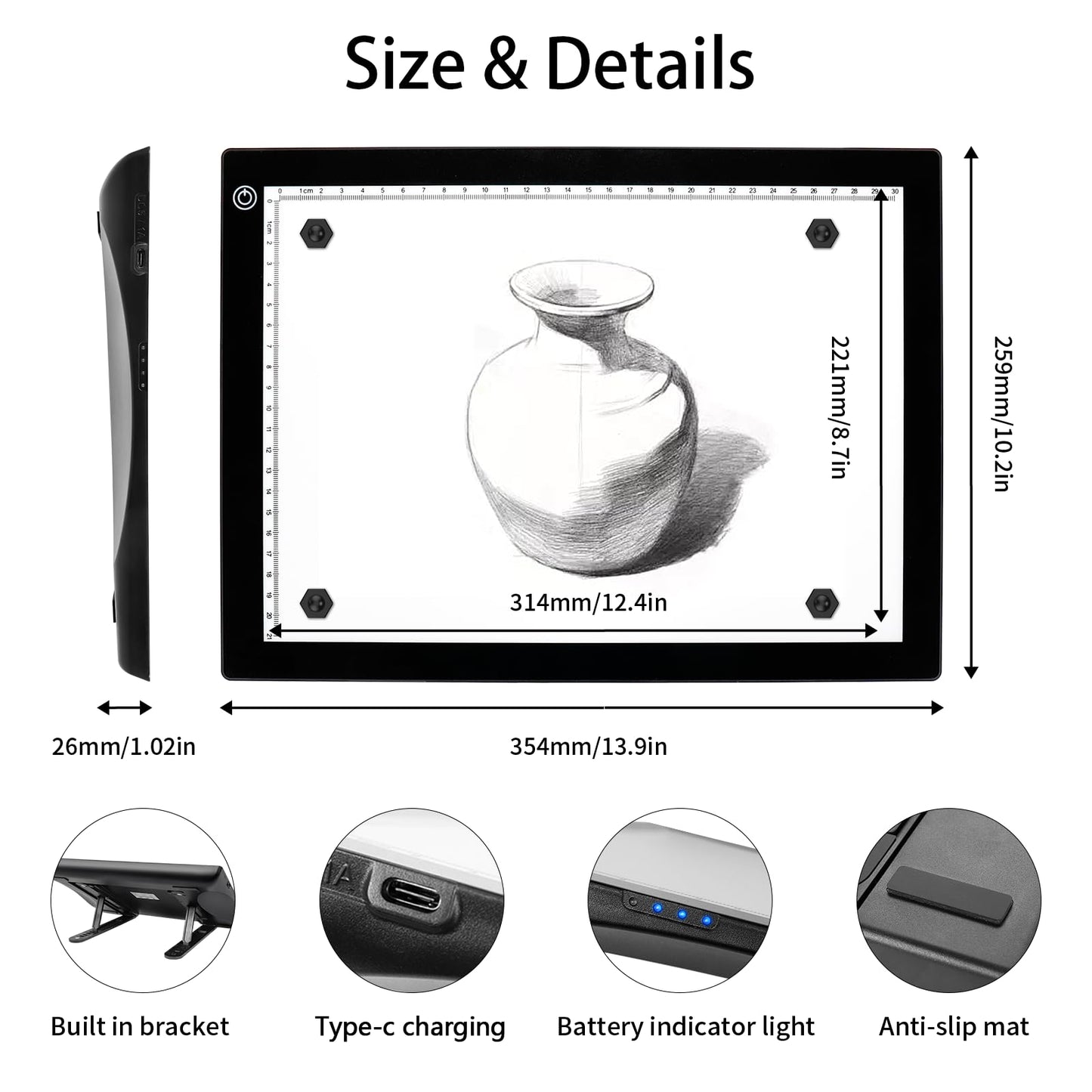 VALUCKY Rechargeable A4 Tracing Drawing Board,Copy Light Pad with Adjustable Foldable Stand,3 Level Brightness LED Tracing Light Box for Artist,Drawing,Sketching,Diamond Painting