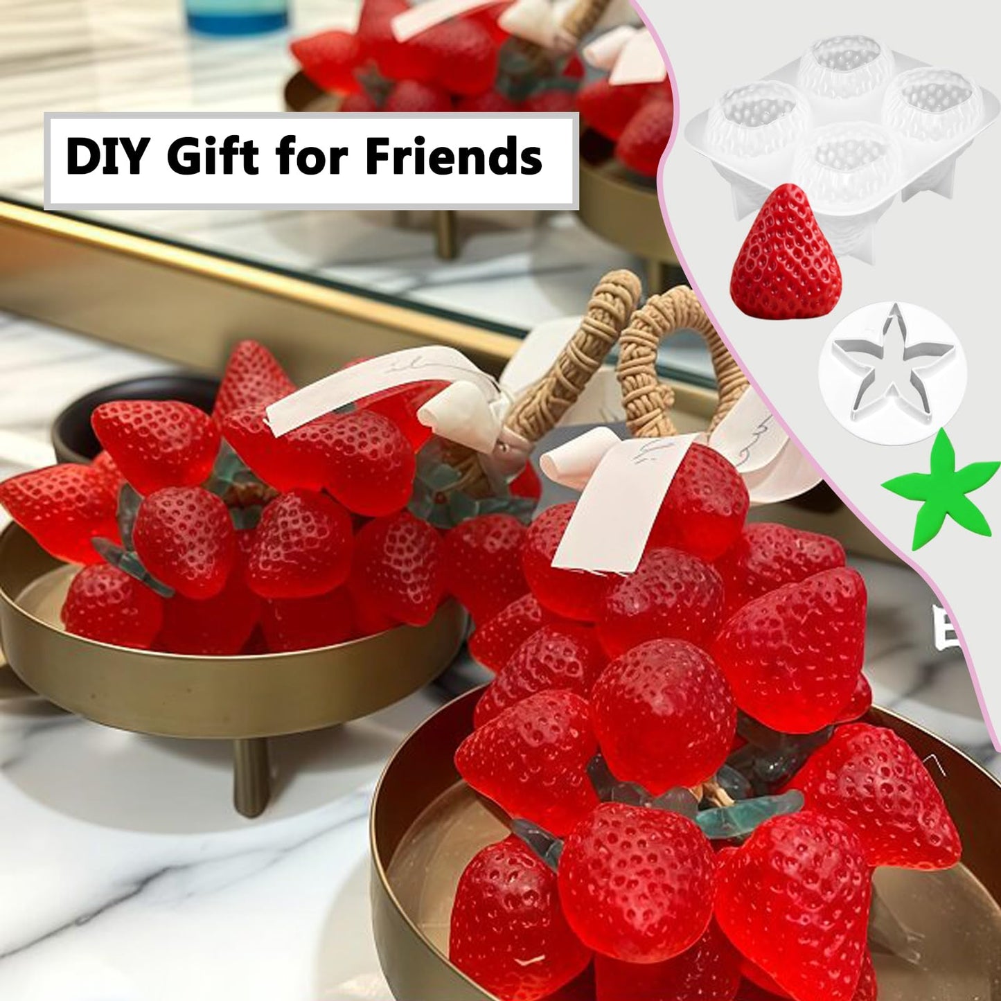 3D Strawberry Grapes Soap Mold, 3 Pcs Strawberry Silicone Scented Candle Soap Mold with 3Pcs Leaf Mold 200Ft White Cotton Rope for Soap Candle Making Gift