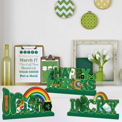 4pcs St Patricks Day Decorations Wooden Table Signs,Happy Saint Patricks Day Table Decorations Green Irish Lucky Shamrock, Leprechaun St. Patricks Day Decorations for Holiday Party