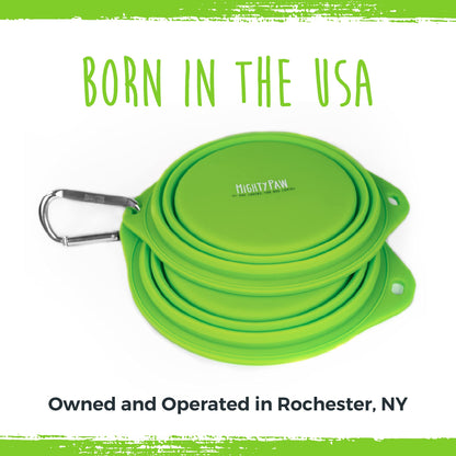 Mighty Paw Travel Dog Bowl Set - Silicone Food - Bonus Carabiner Clip - Ideal for Hiking - Camping - Lightweight - Leak-Proof - Collapsible Dog Bowl with Lid - Green - 2 Pack (27 Oz)