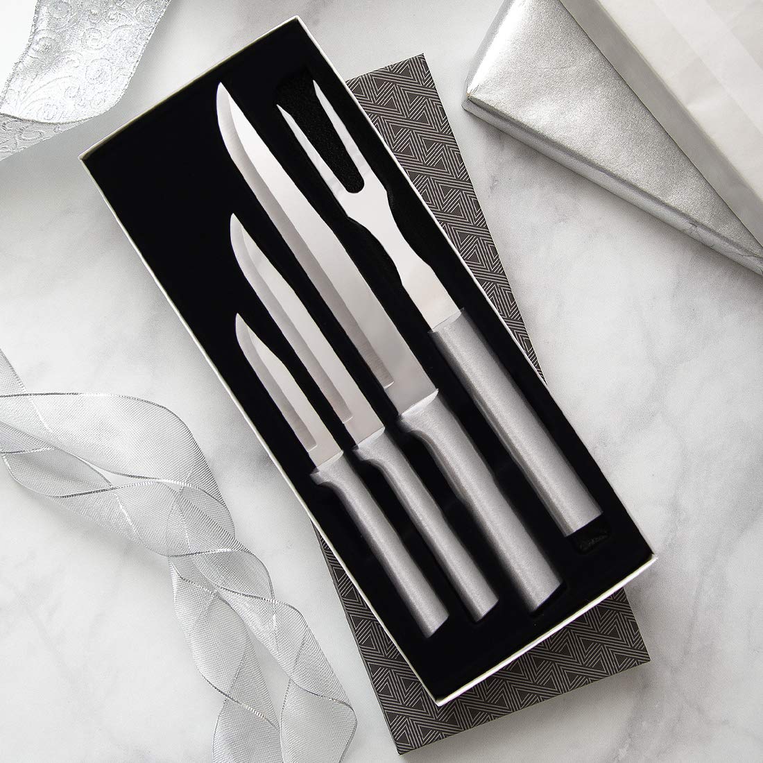 Rada Cutlery Prepare Then Carve Gift Set (S3C) with Quick Edge Sharpener (R119), 4-Piece Knife Set and Knife Sharpener, Stainless Steel Blades, Silver Handle