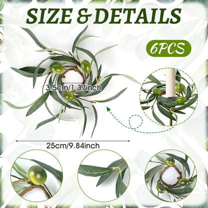 6 PCS 1.38" Mini Spring Summer Taper Candle Ring Mini Green Olive Candle Rings for Tapers Small Artificial Greenery Candle Holder Wreaths for Table Centerpieces Home Wedding Candlesticks Decor