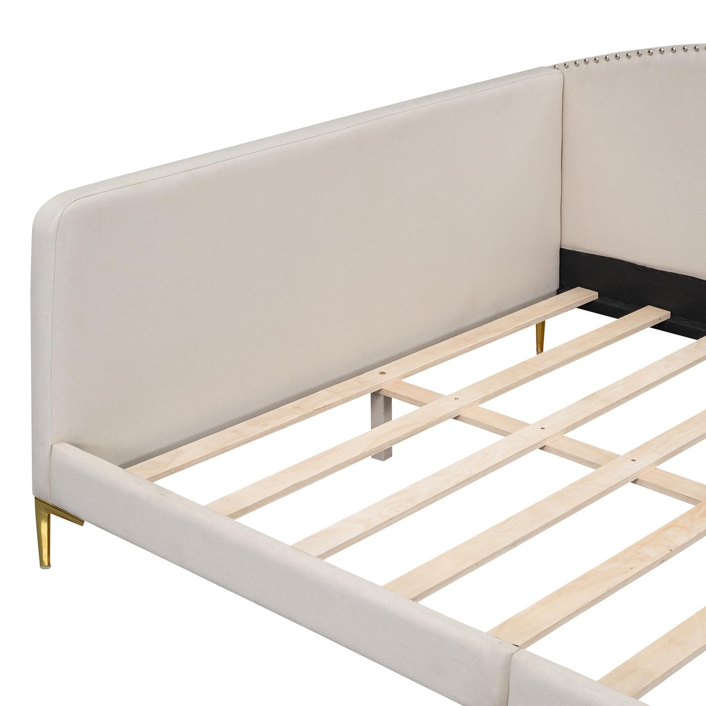 Ball & Cast Full Size Daybed with Golden Metal Legs,Linen Upholstered Daybed Frame with Nailhead Trim and Wood Slat Support,No Box Spring Needed,Beige