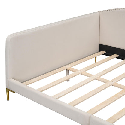Ball & Cast Full Size Daybed with Golden Metal Legs,Linen Upholstered Daybed Frame with Nailhead Trim and Wood Slat Support,No Box Spring Needed,Beige