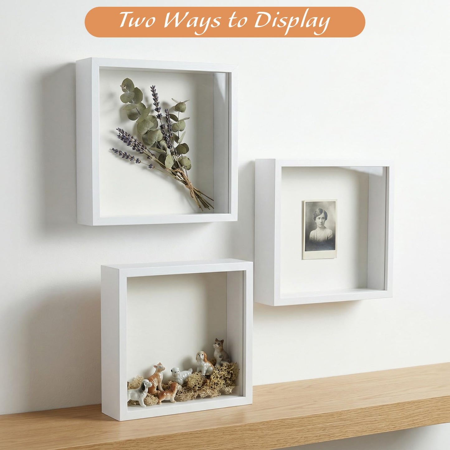 2 Pcs Shadow Boxes Display Cases, 10"x10" Deep Wood Glass 3D Shadow Box Set for Wall and Tabletop Baby Sports (White)