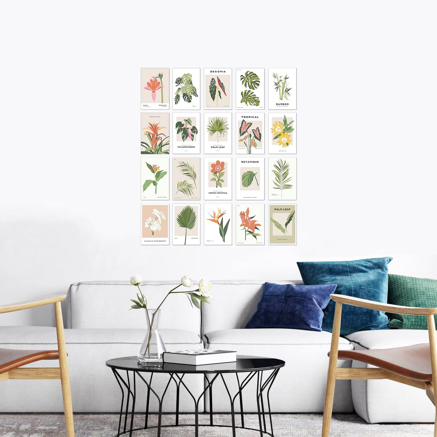 20 Piece Tropical Graphic Garden Flower Floral Collage Kit - Art Boheme, Palm Plants Minimalist, Teen Room Wall, Dormitory Bedroom Decorations, Aesthetic, 4x6 Professional Photos