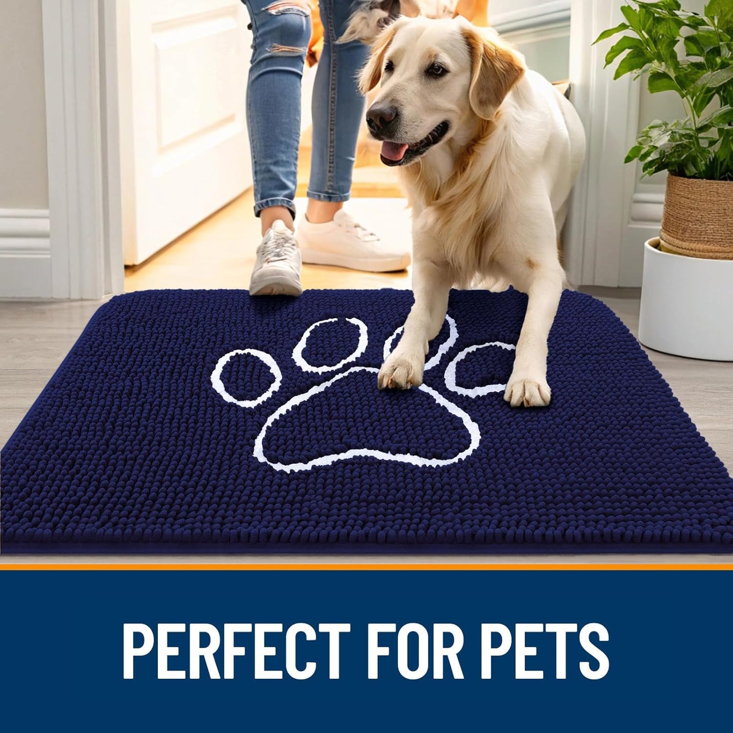 OLANLY Dog Door Mat - Absorbent Non-Slip Mud Mat for Paws | 36x24 Navy Blue Chenille Design