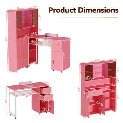 Mobile Manicure Table with Dust Collector, Double Tabletop Nail Desk for Technician, Nail Station w/Display Shelves, 3 Adjustable Layers, Drawers, Cabinets, Sliding Door & LED Light Strip, Pink