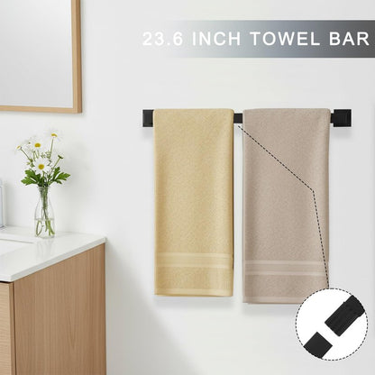 24 Inch Bathroom Hardware Set, 5-Pieces Matte Black Bathroom Accessories Set, Stainless Steel Towel Rack Set, Towel Bar, Towel Hooks, Updated Toilet Paper Holder with Shelf Wall Mounted