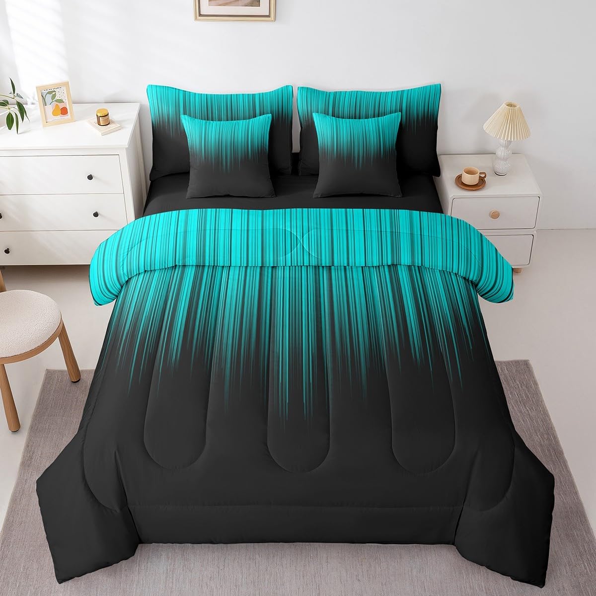 Set 7 Set Feelyou Abstract Ombre Comforter with Sheets Kids Teens Teal and Black Girls Piece Bedding Room Decor Fashion