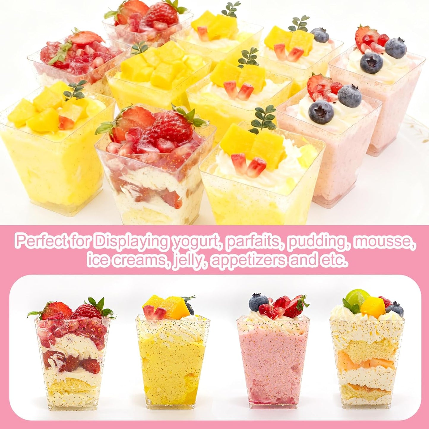 180 Pack 5Oz Gold Glitter Dessert Cups with Lids and Spoons Plastic Square Yogurt Parfait Appetier Cups for Party