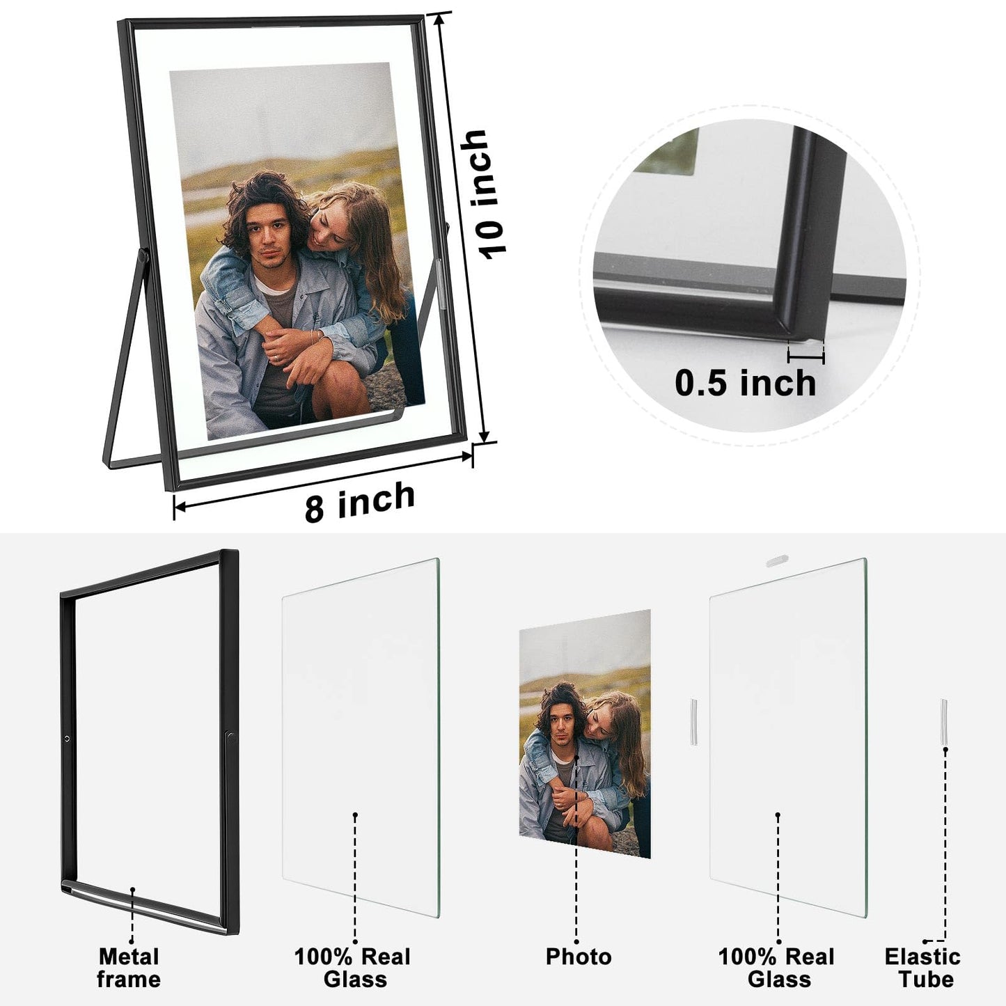 Qiannhee 8x10 Floating Frames Set of 2, Double Glass Desktop Picture Frames, Holds Multiple Photo Sizes, Photo Frame with Metal Stand