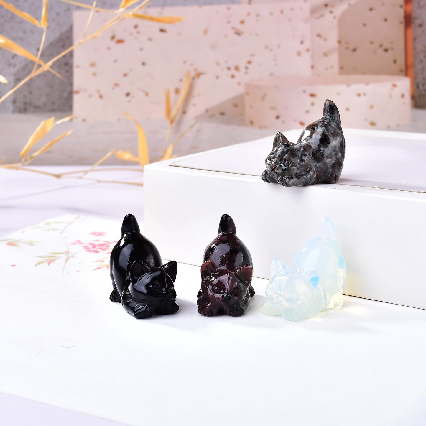WUYOUSHI Natural Flame Stone Cat Decor Statue Crystals and Healing Stones Cat Figurine Polished Gemstones Bedroom Office Desk Home Decoration A Lucky Decoration for Cat Lover