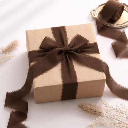 DORIS HOME Dark Brown Chiffon Ribbon for Flower Bouquet, 1" x21Yd Fabric Ribbon for Gift Wrapping, Handmade Frayed Ribbon for Wedding Invitations/Halloween Decorations